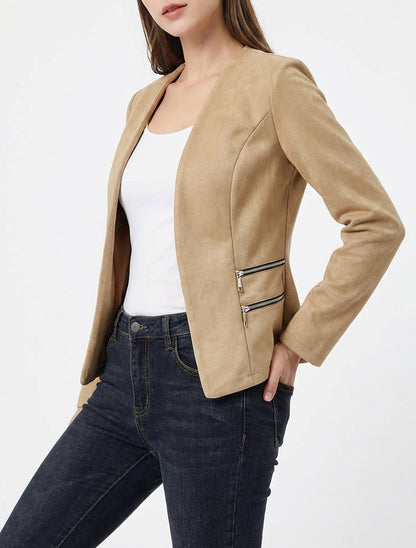 Chaqueta de ante con bolsillos decorativos con cremallera. - Beige oscuro