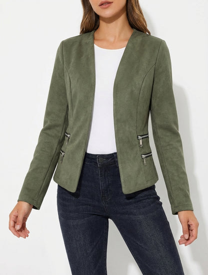 Chaqueta de ante con bolsillos decorativos con cremallera. - Caqui