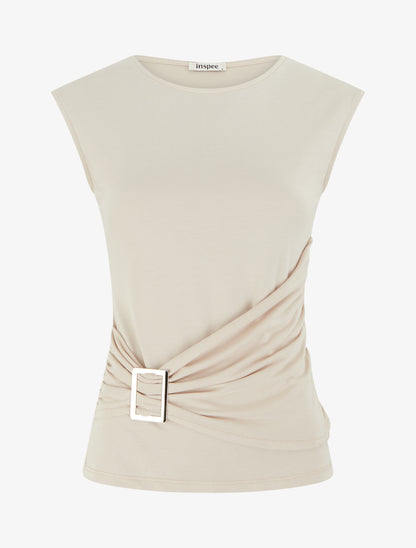 Top uni à col rond et empiècement bijou - Beige - 1