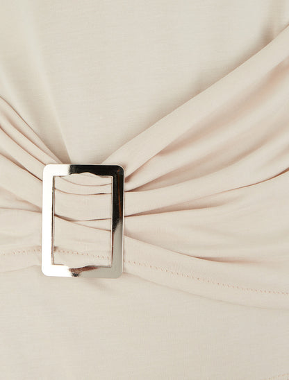 Top uni à col rond et empiècement bijou - Beige - 3