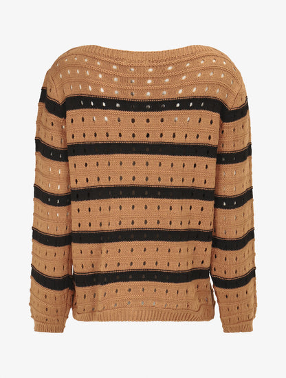 Pull en maille ajourée à rayures - Camel/noir - 2