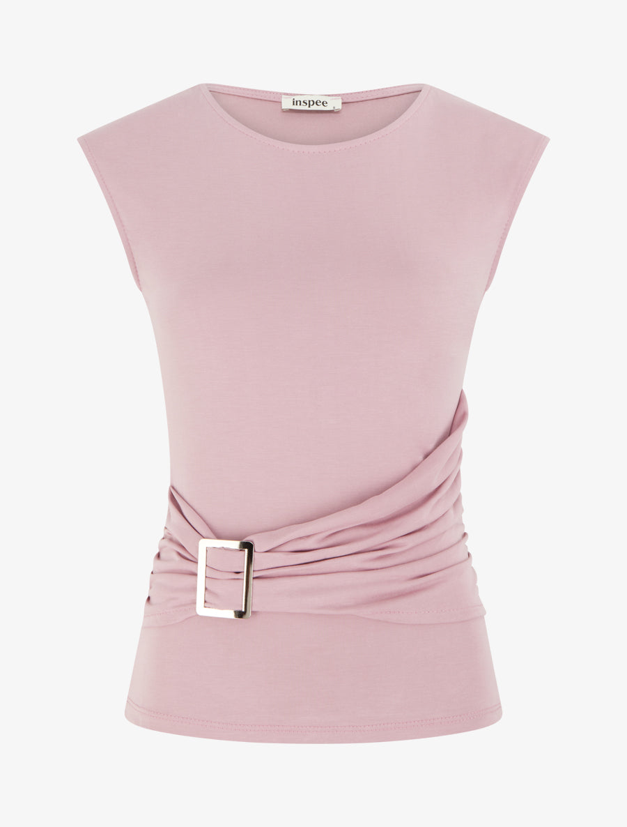 Top uni à col rond et empiècement bijou - Rose - 1