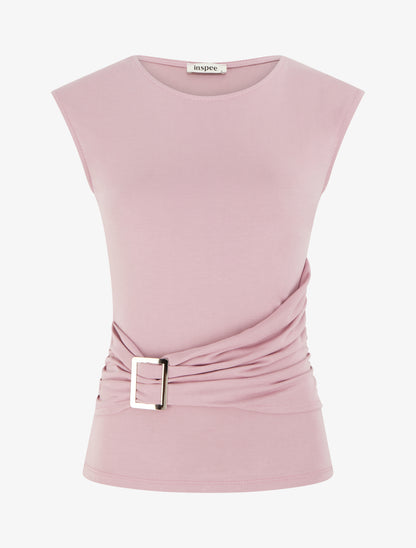 Top uni à col rond et empiècement bijou - Rose - 1