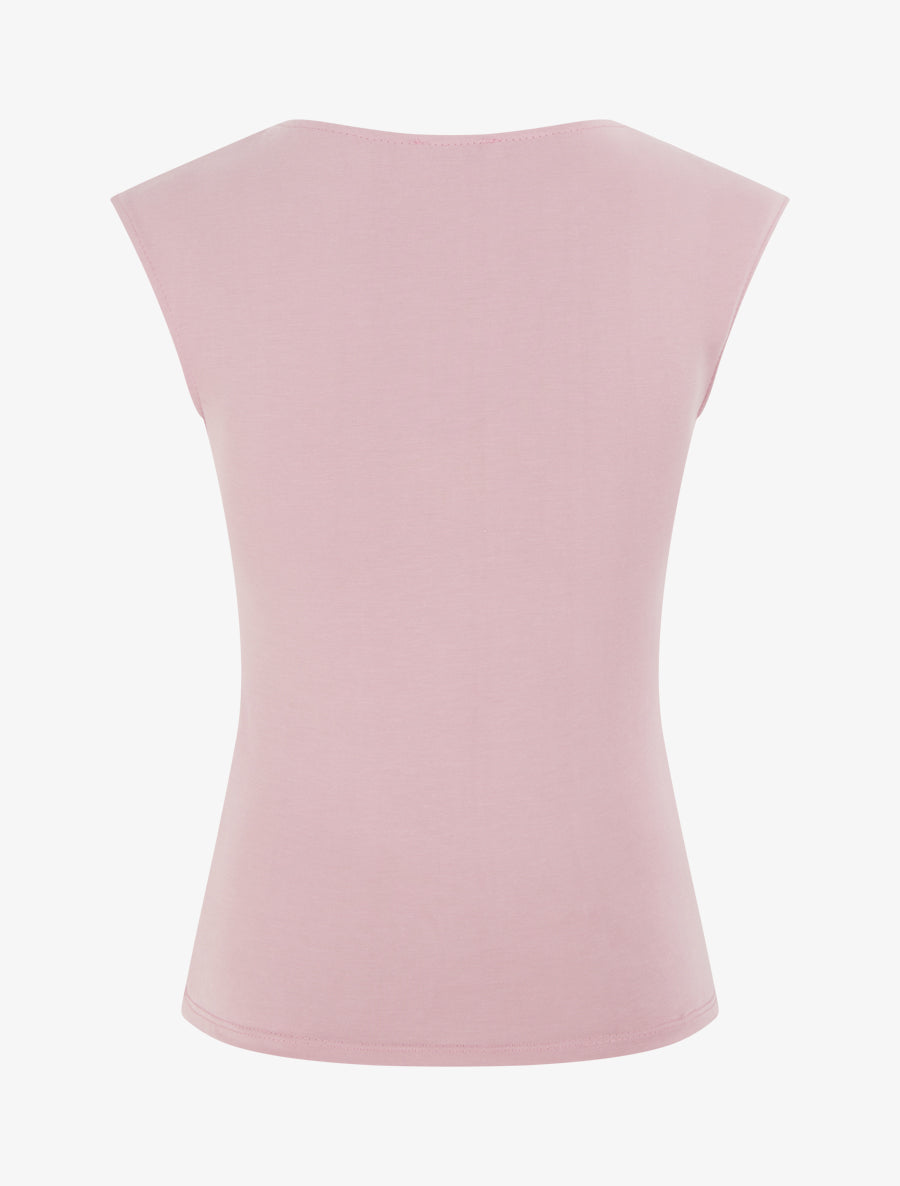 Top uni à col rond et empiècement bijou - Rose - 2