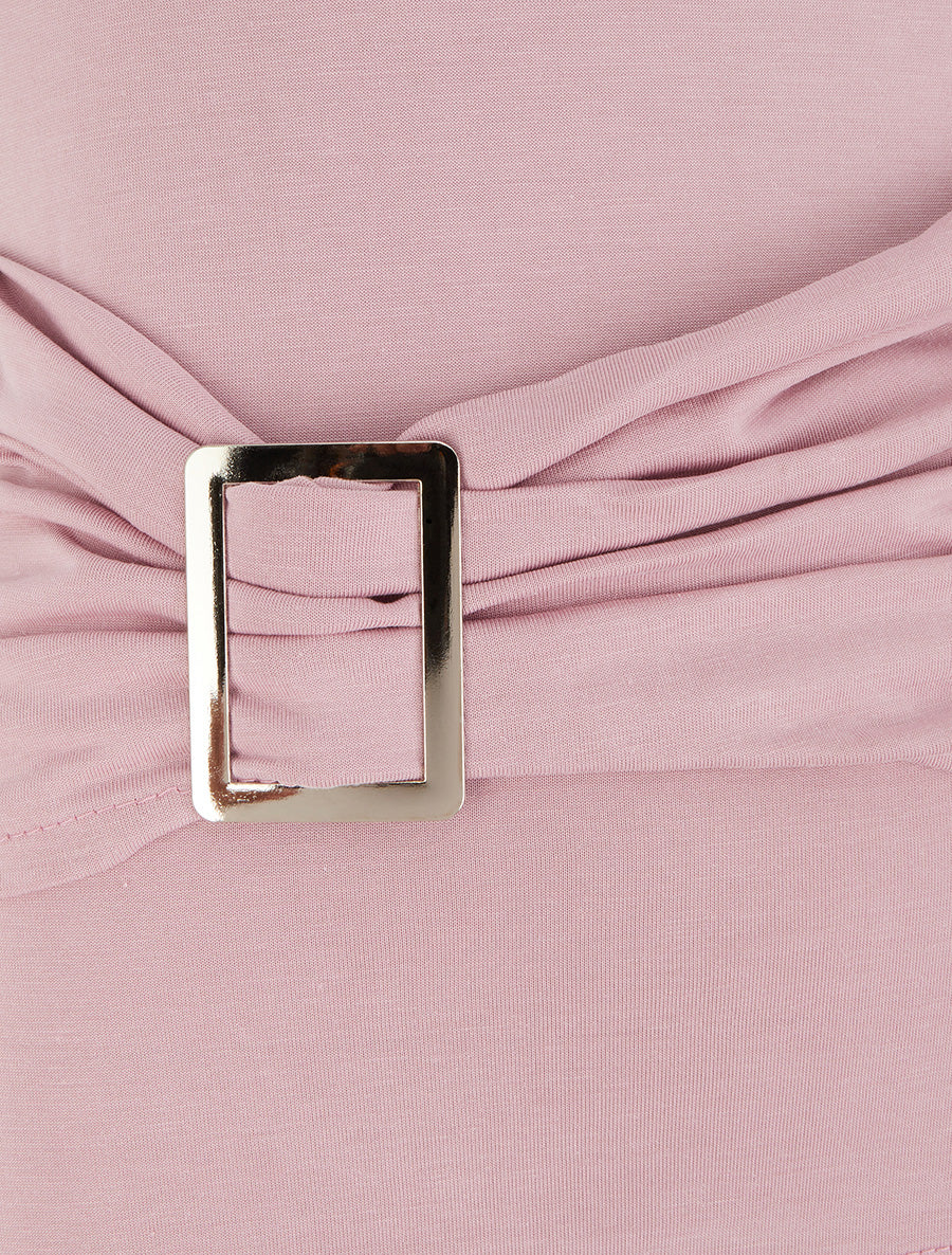 Top uni à col rond et empiècement bijou - Rose - 3