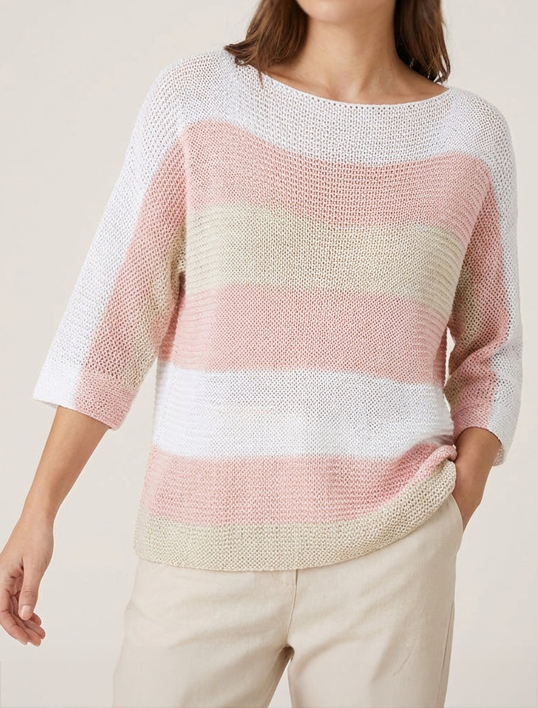 Jersey holgado a rayas con mangas 3/4. - Rosa