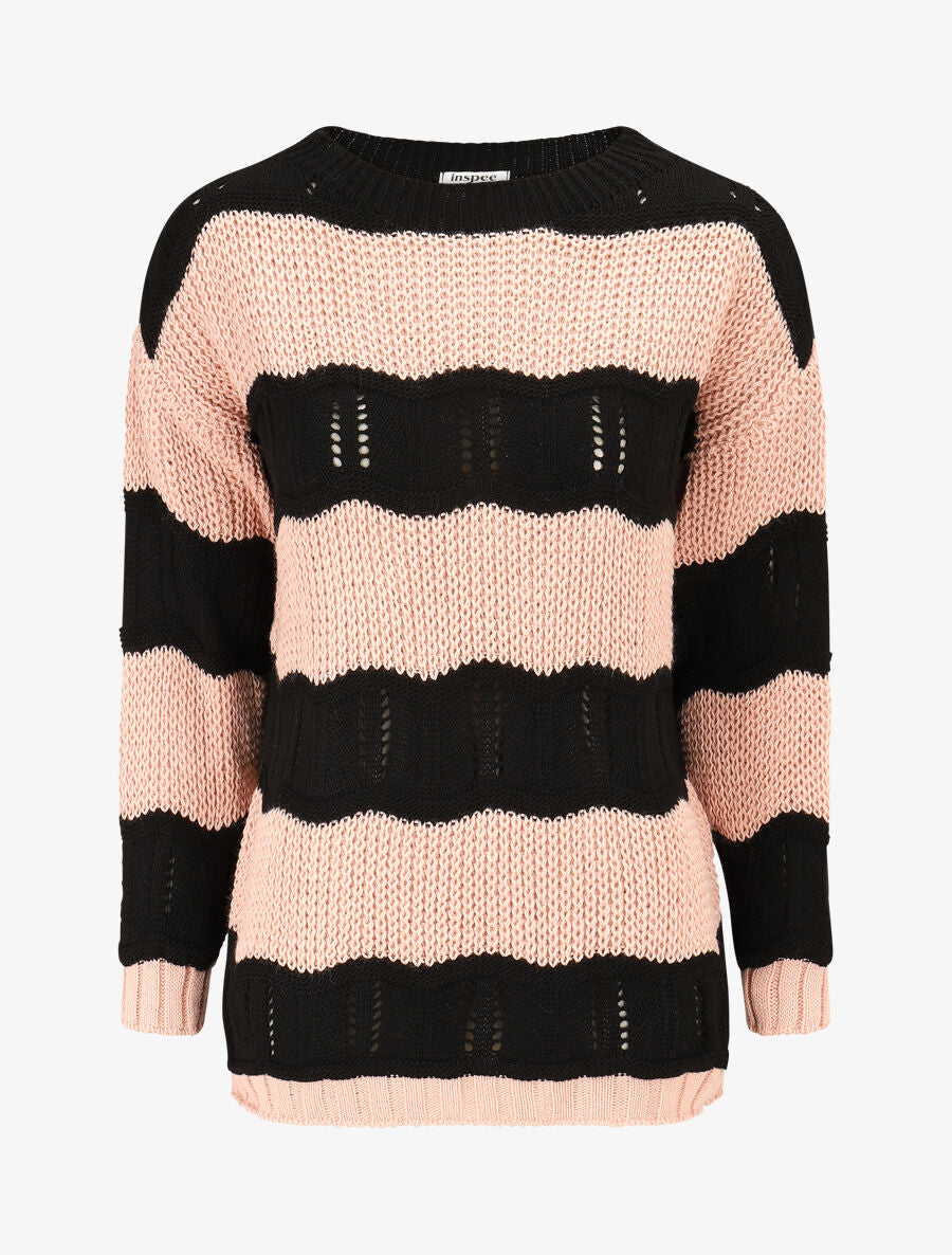 Pull en maille ajourée à rayures stylisées - Rose - 4