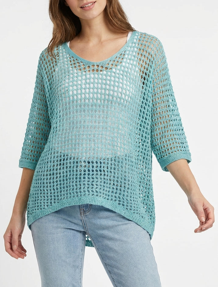 Jersey liso calado de manga corta - Turquesa