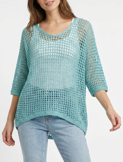 Jersey liso calado de manga corta - Turquesa