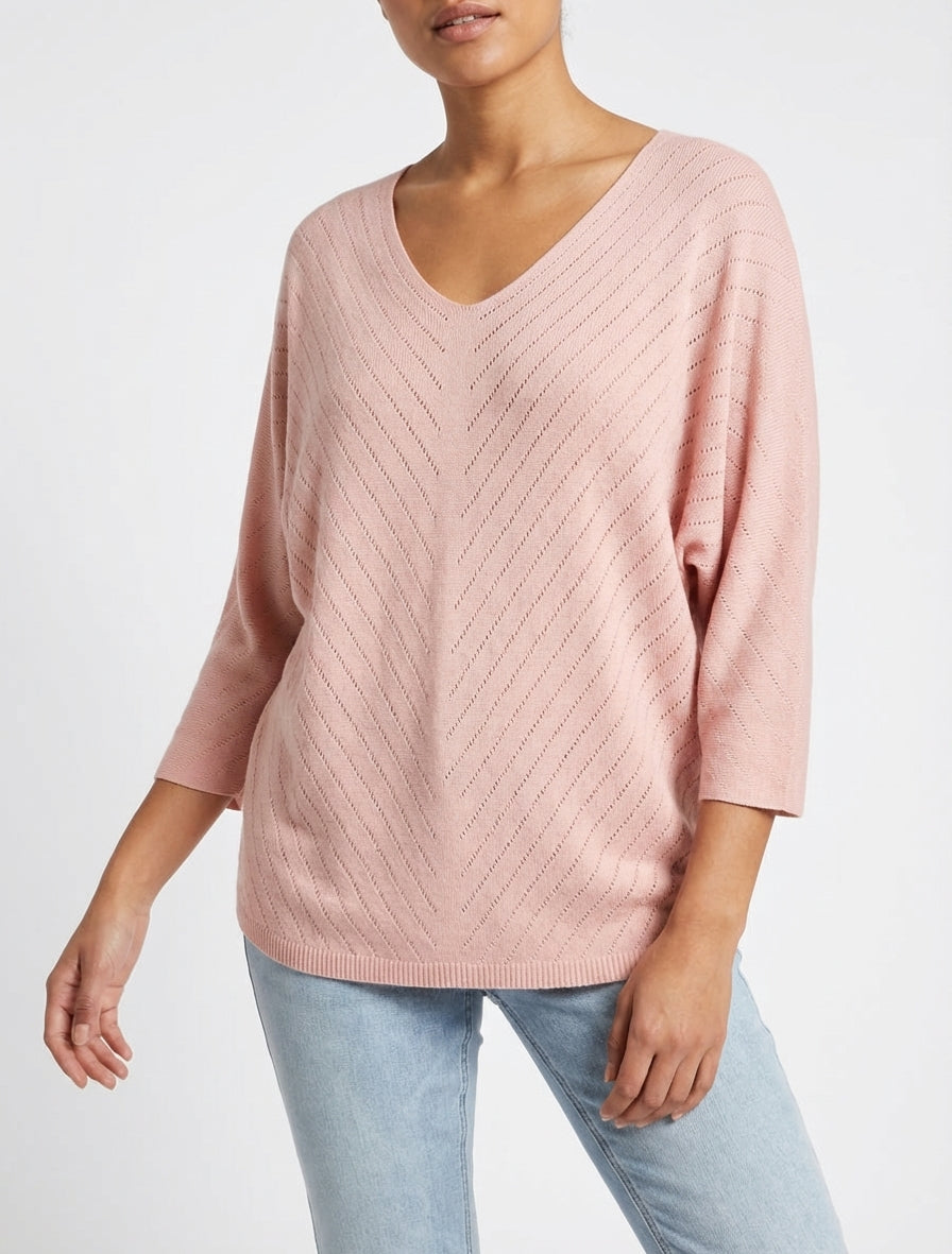 Suéter fino liso con líneas caladas - Rosa