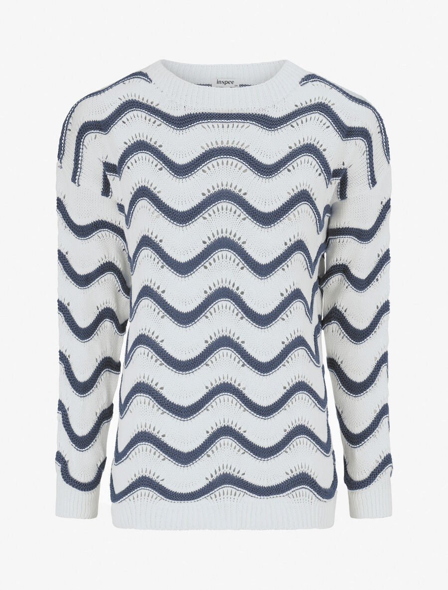 Pull ajouré en maille à vagues - Bleu charrette - 1