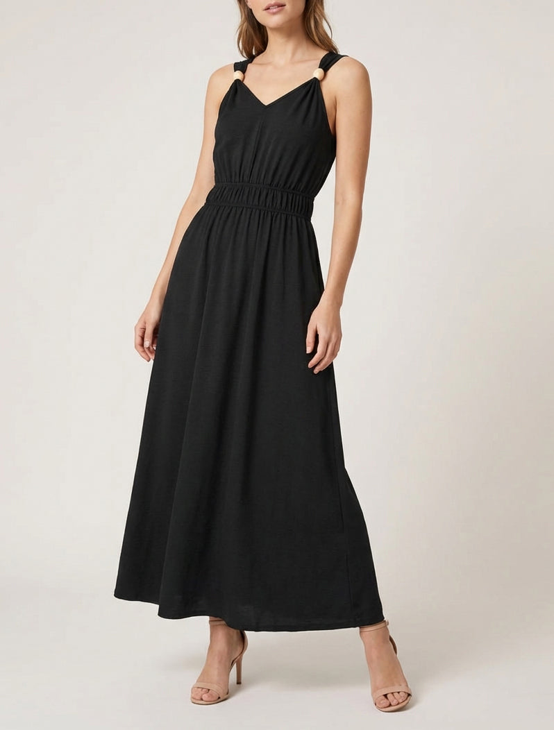 Vestido liso con apliques de perlas de madera - Negro
