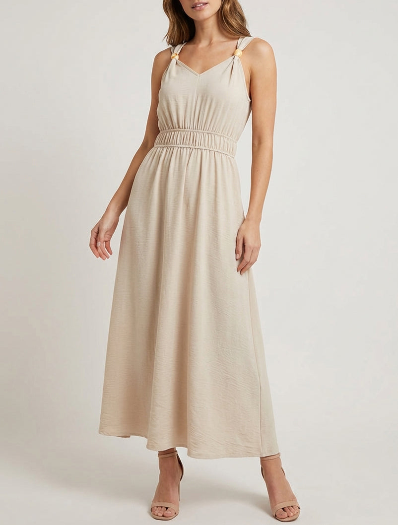 Vestido liso con apliques de perlas de madera - Beis