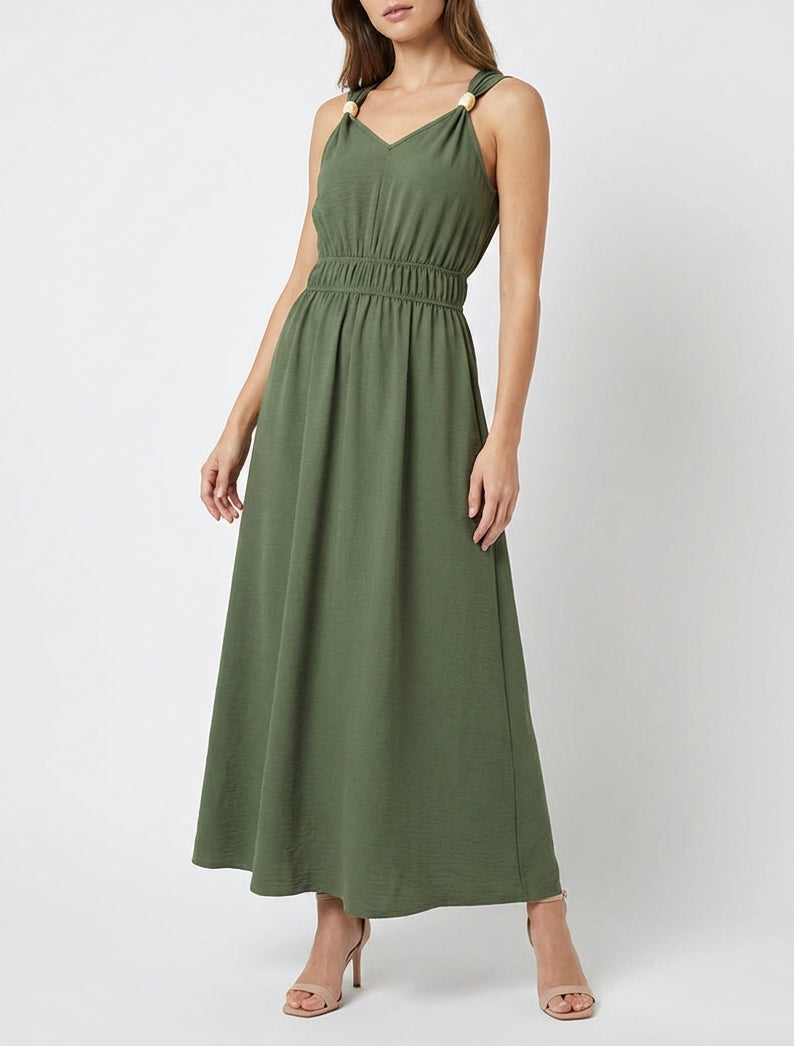 Vestido liso con apliques de perlas de madera - Caqui