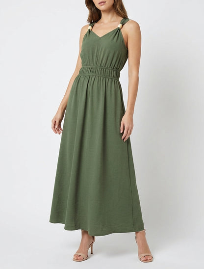 Vestido liso con apliques de perlas de madera - Caqui