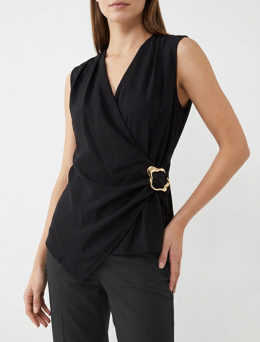 Top cruzado con inserción de joya - Negro