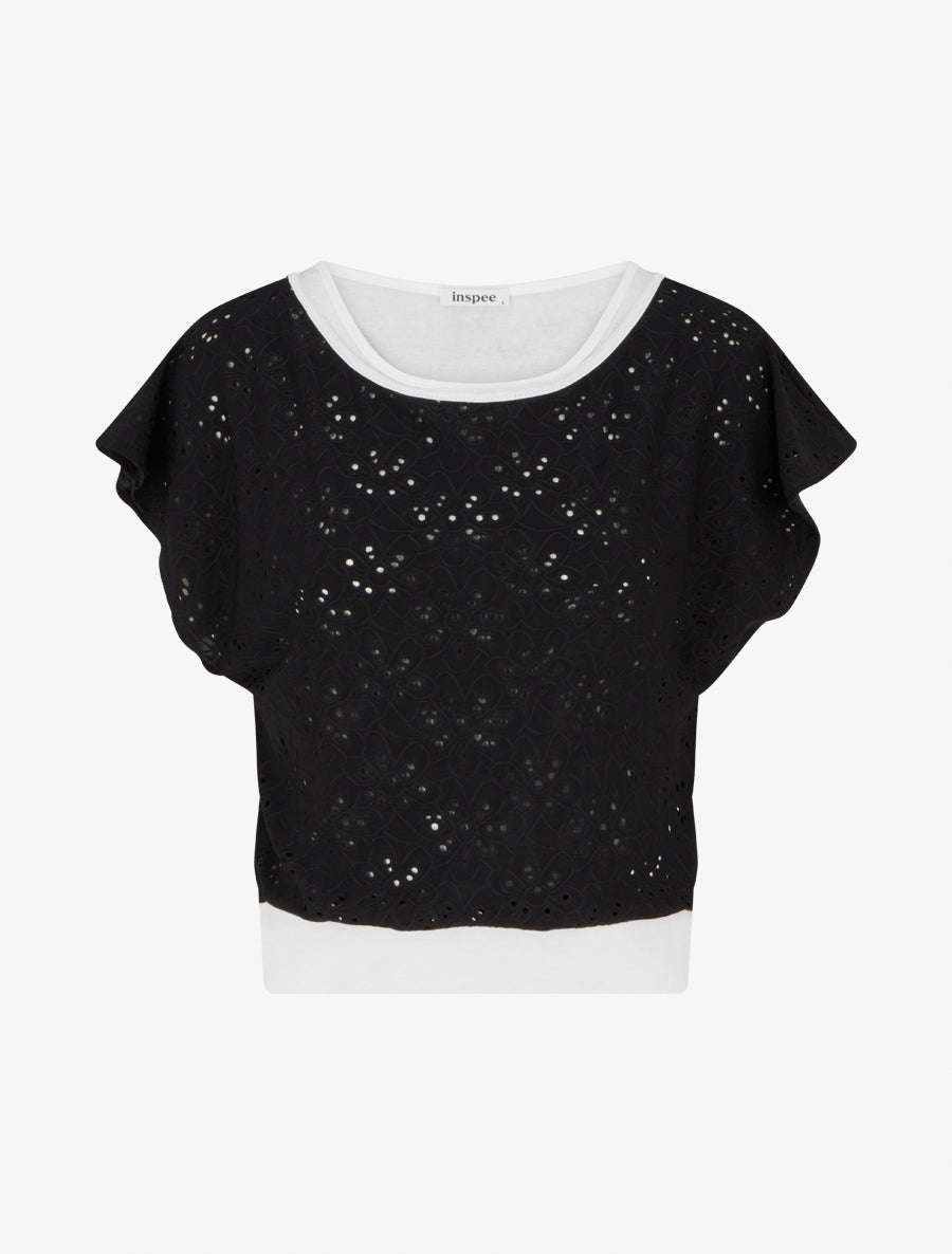 Top uni ajouré à manches courtes - Noir - 1