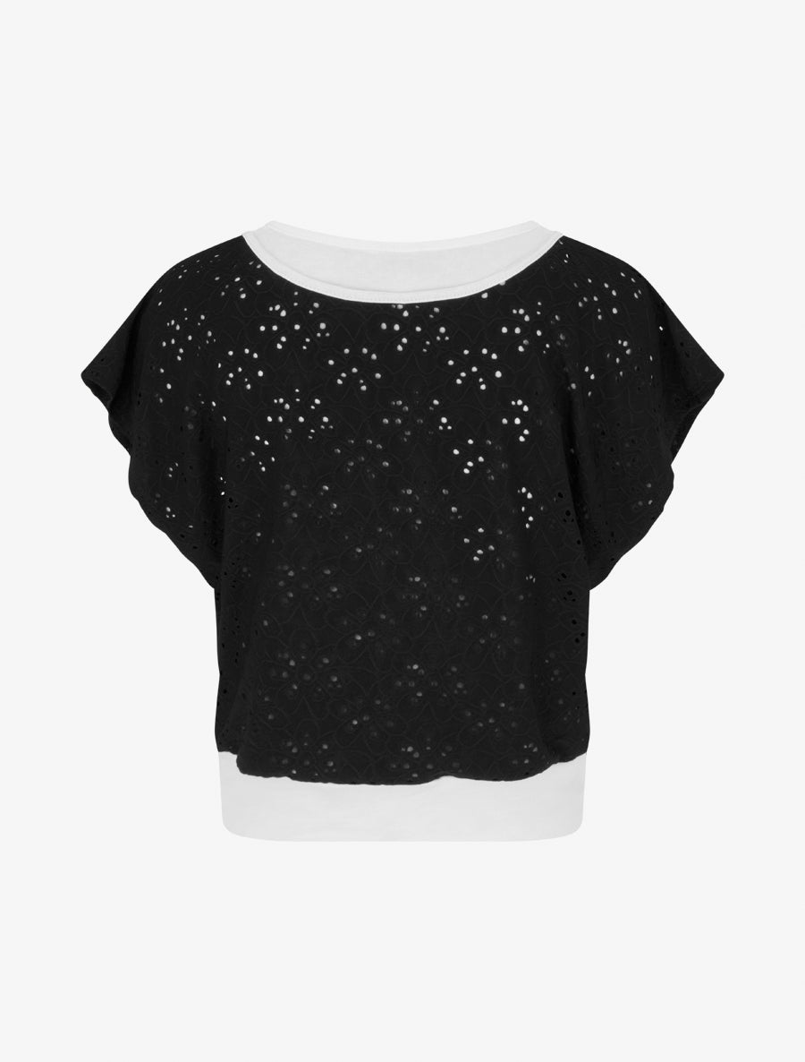 Top uni ajouré à manches courtes - Noir - 2