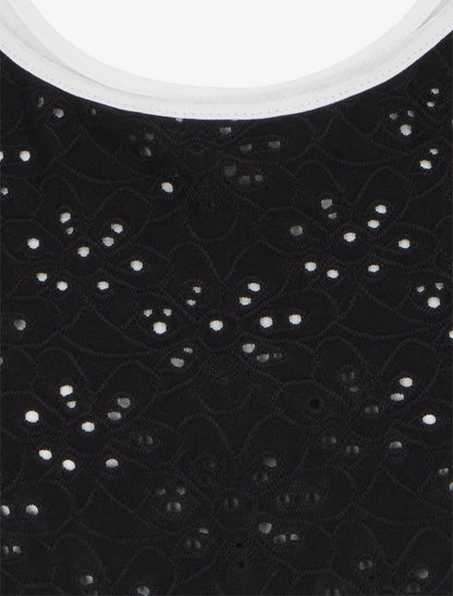 Top uni ajouré à manches courtes - Noir - 3