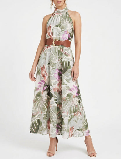 Vestido largo sin mangas estampado tropical - Caqui