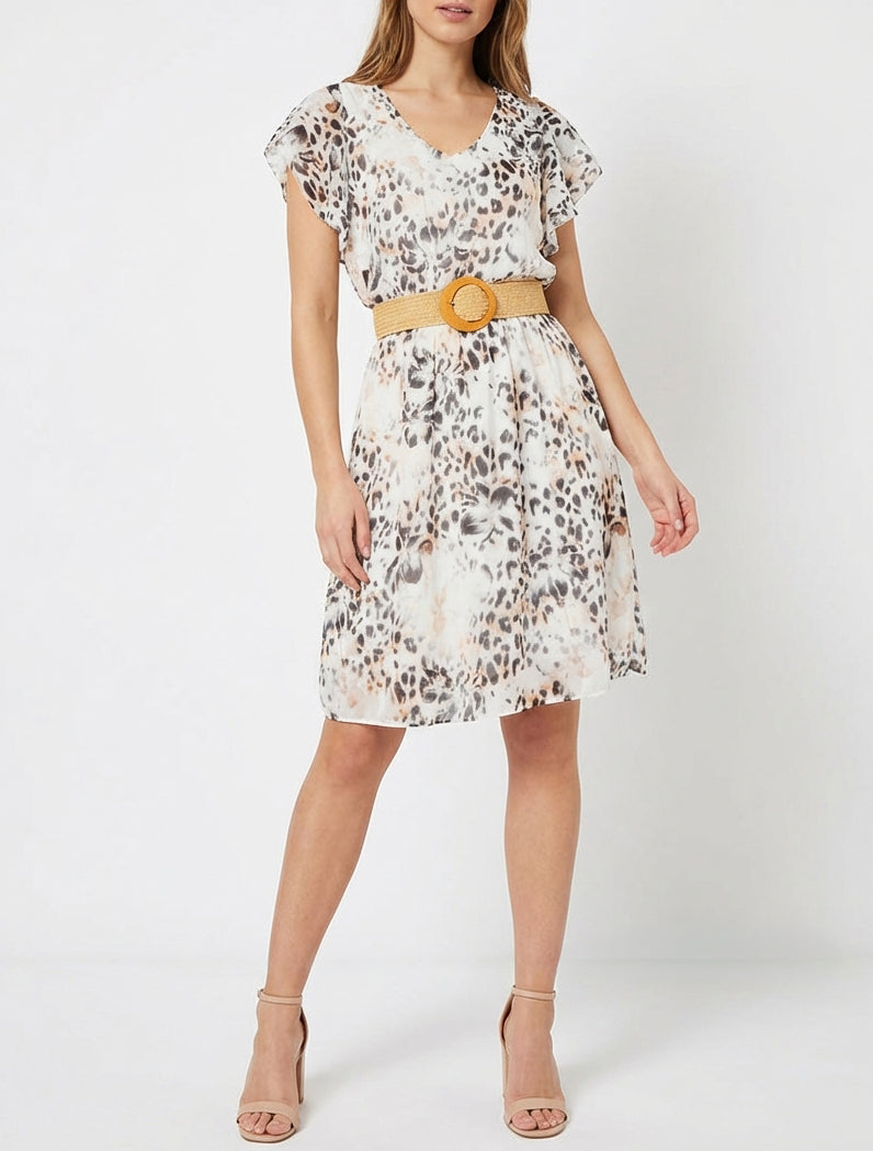 Vestido con mangas con volantes estampado de leopardo y flores. - Negro
