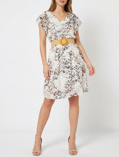 Vestido con mangas con volantes estampado de leopardo y flores. - Negro