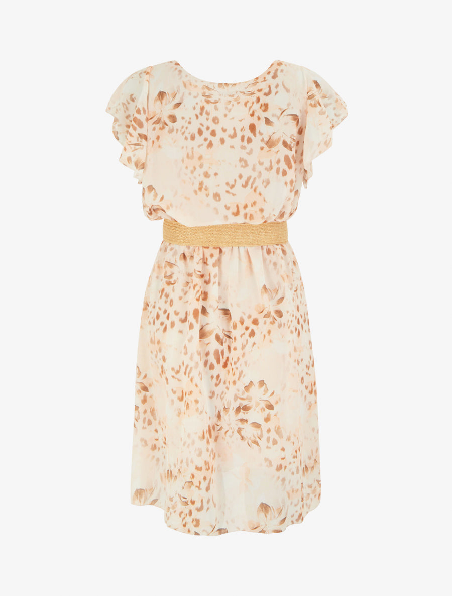 Robe à mancherons volantés imprimé léopard et fleurs - Camel - 2