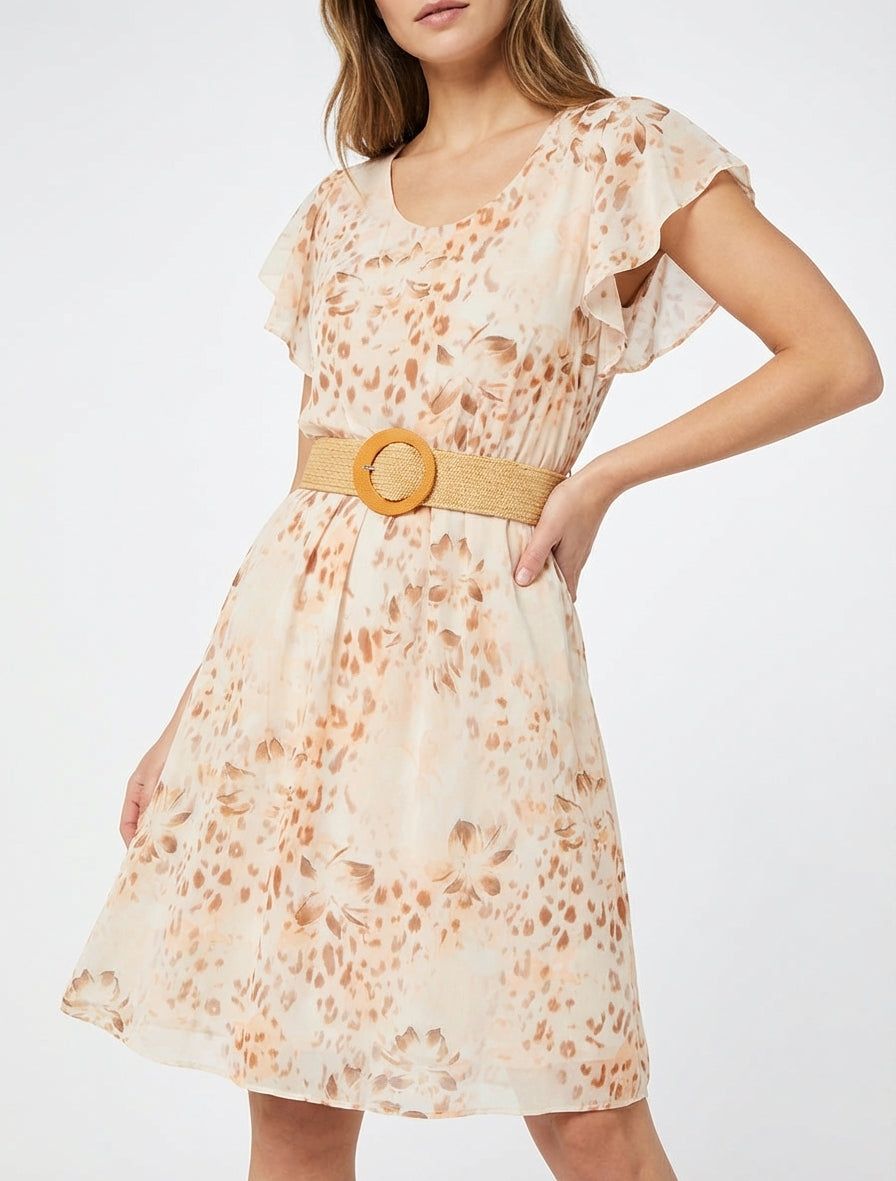 Vestido con mangas con volantes estampado de leopardo y flores. - Camello
