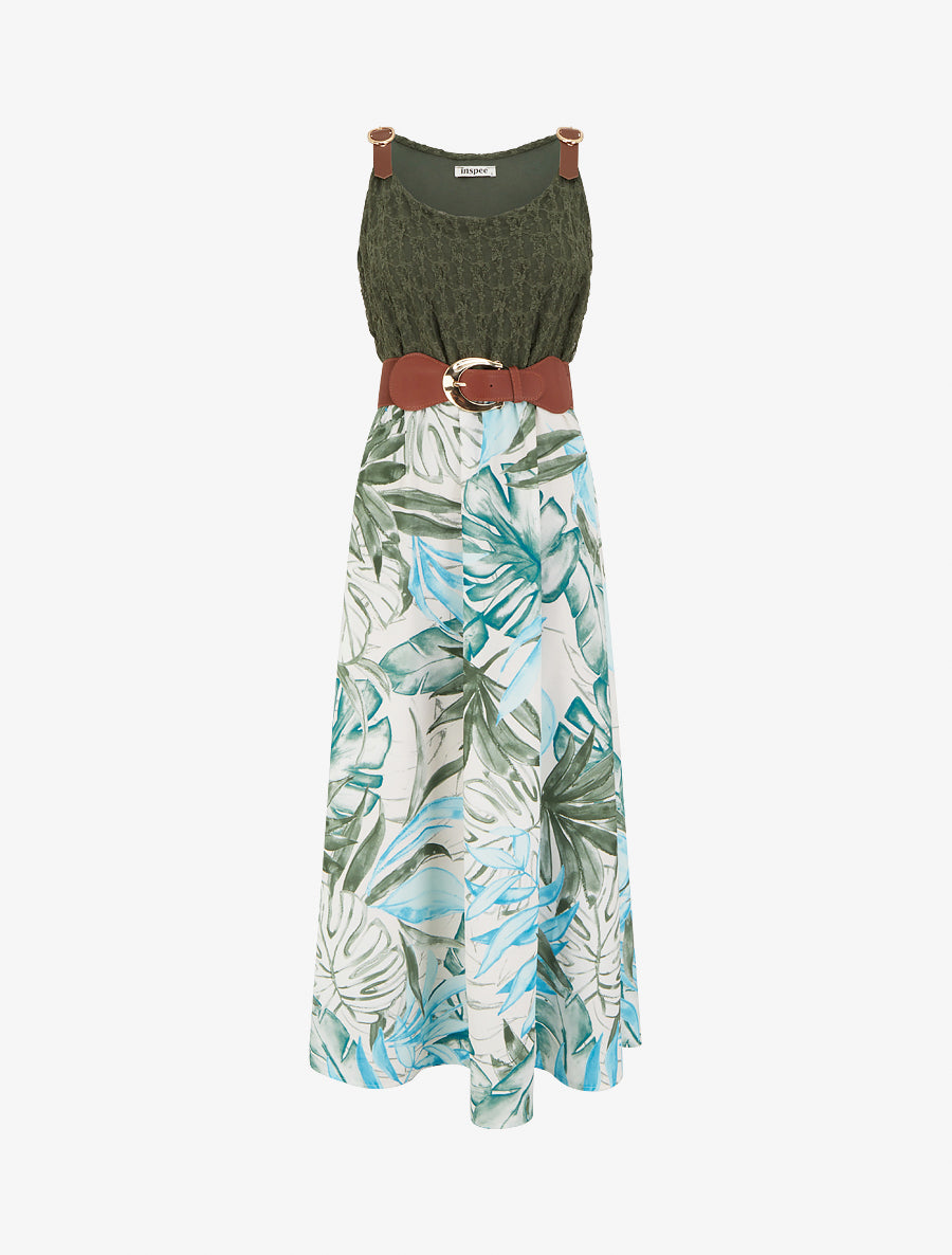 Robe longue à imprimé tropical et bretelles simili - Kaki - 1