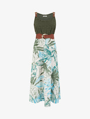 Robe longue à imprimé tropical et bretelles simili - Kaki - 1