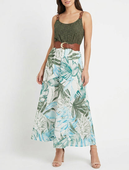 Vestido largo con estampado tropical y tirantes de imitación - Caqui