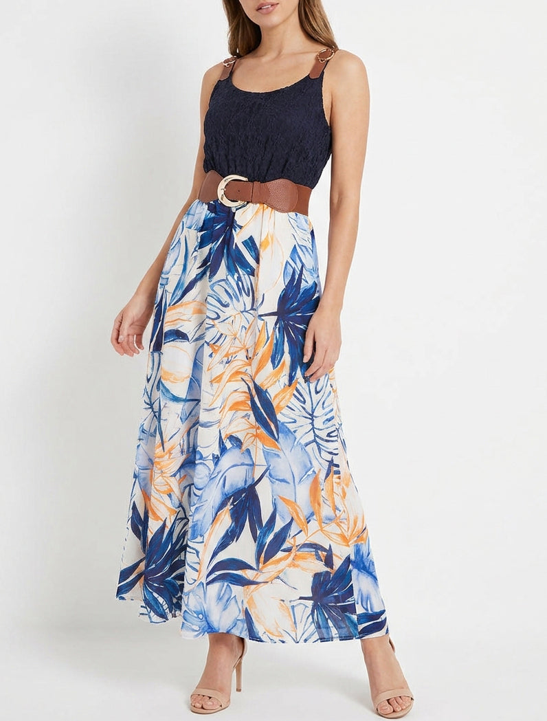 Vestido largo con estampado tropical y tirantes de imitación - Marine