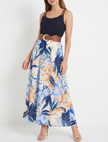 Vestido largo con estampado tropical y tirantes de imitación - Marine