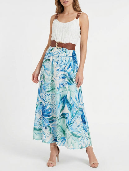 Vestido largo con estampado tropical y tirantes de imitación - Azul
