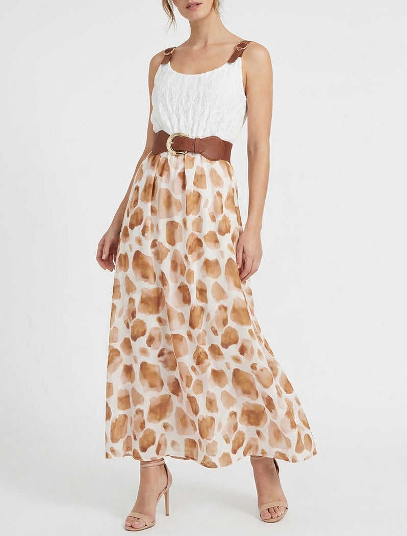 Vestido largo con estampado de jirafa y tirantes de imitación - Marrón