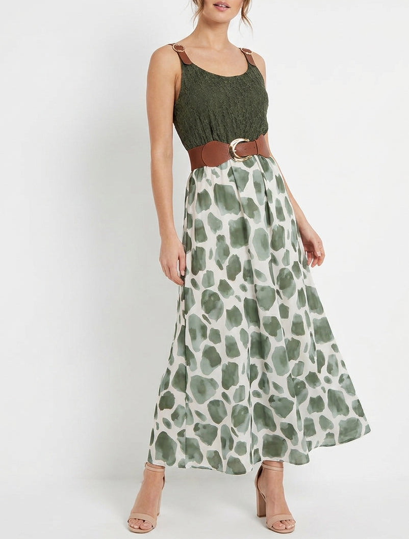Vestido largo con estampado de jirafa y tirantes de imitación - Caqui