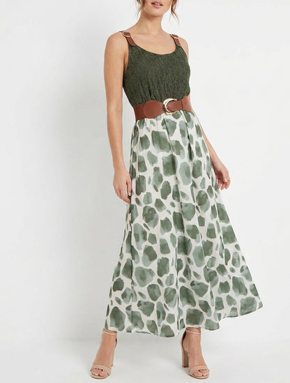 Vestido largo con estampado de jirafa y tirantes de imitación - Caqui