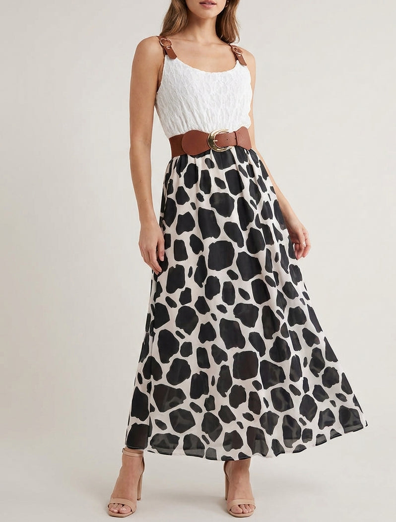 Vestido largo con estampado de jirafa y tirantes de imitación - Negro