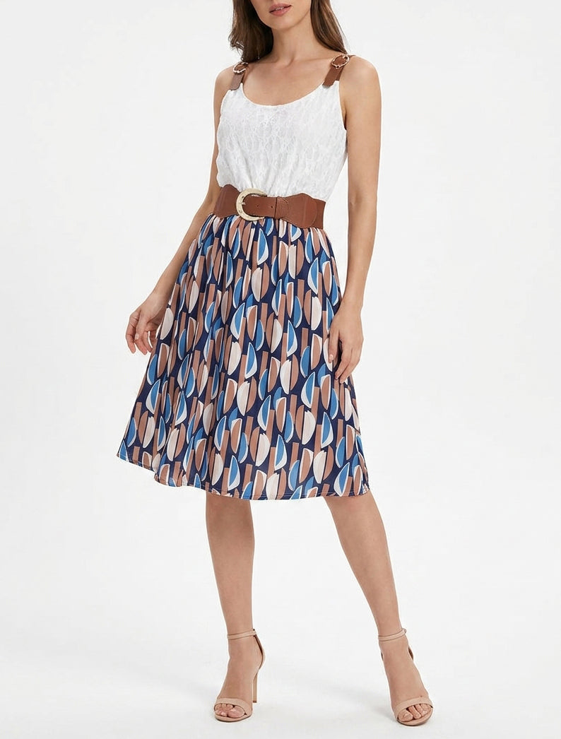 Vestido midi estampado gráfico y tirantes de imitación. - Marine