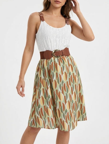 Vestido midi estampado gráfico y tirantes de imitación. - Caqui