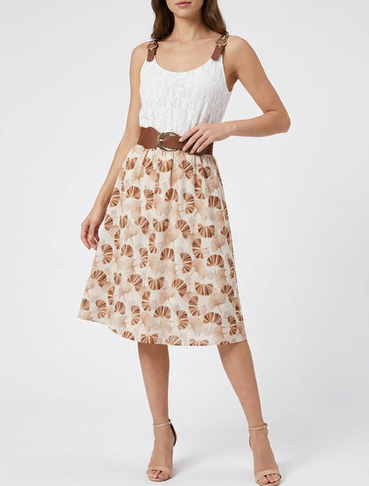 Vestido midi estampado de ginkgo y tirantes de imitación. - Marrón