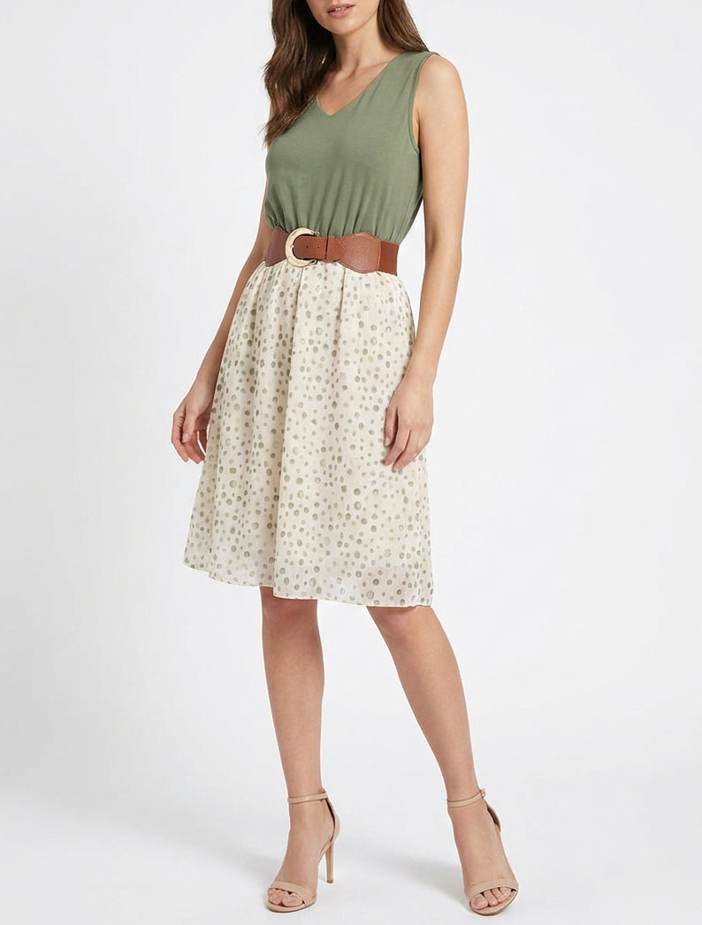 Vestido corte evasé estampado de lunares fantasía - Caqui