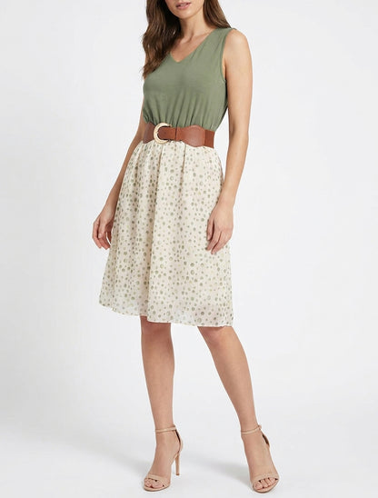 Vestido corte evasé estampado de lunares fantasía - Caqui