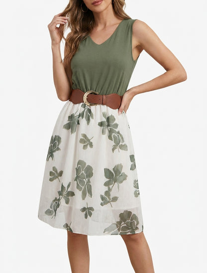 Vestido de corte evasé con estampado floral - Caqui