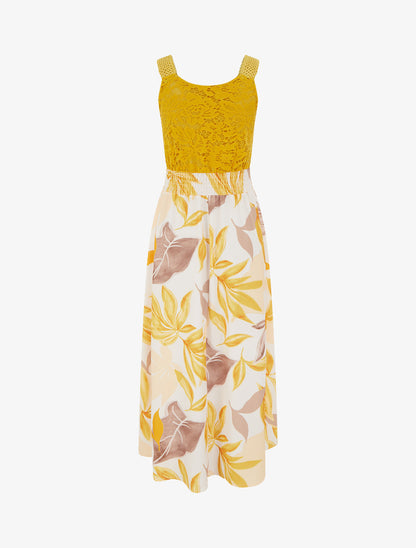 Robe imprimé fantaisie à bretelles en crochet - Jaune moutarde - 2