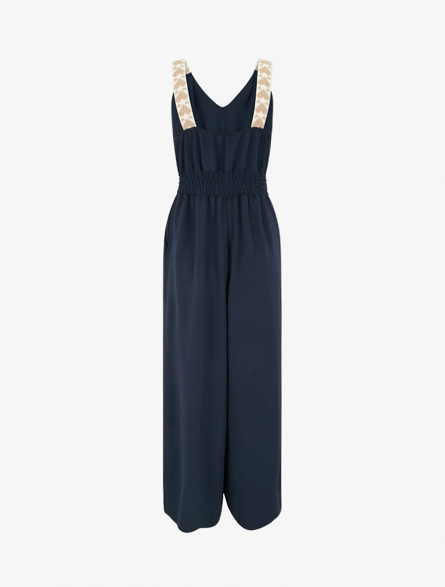 Combinaison unie à bretelles à motif coeurs - Marine - 2