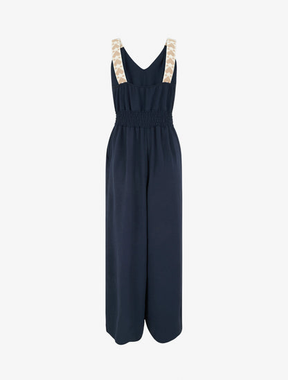 Combinaison unie à bretelles à motif coeurs - Marine - 2