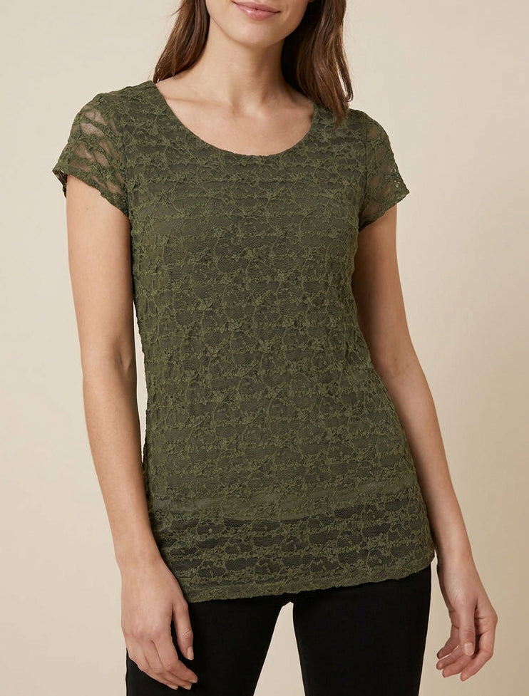 Top de encaje con cuello redondo - Caqui