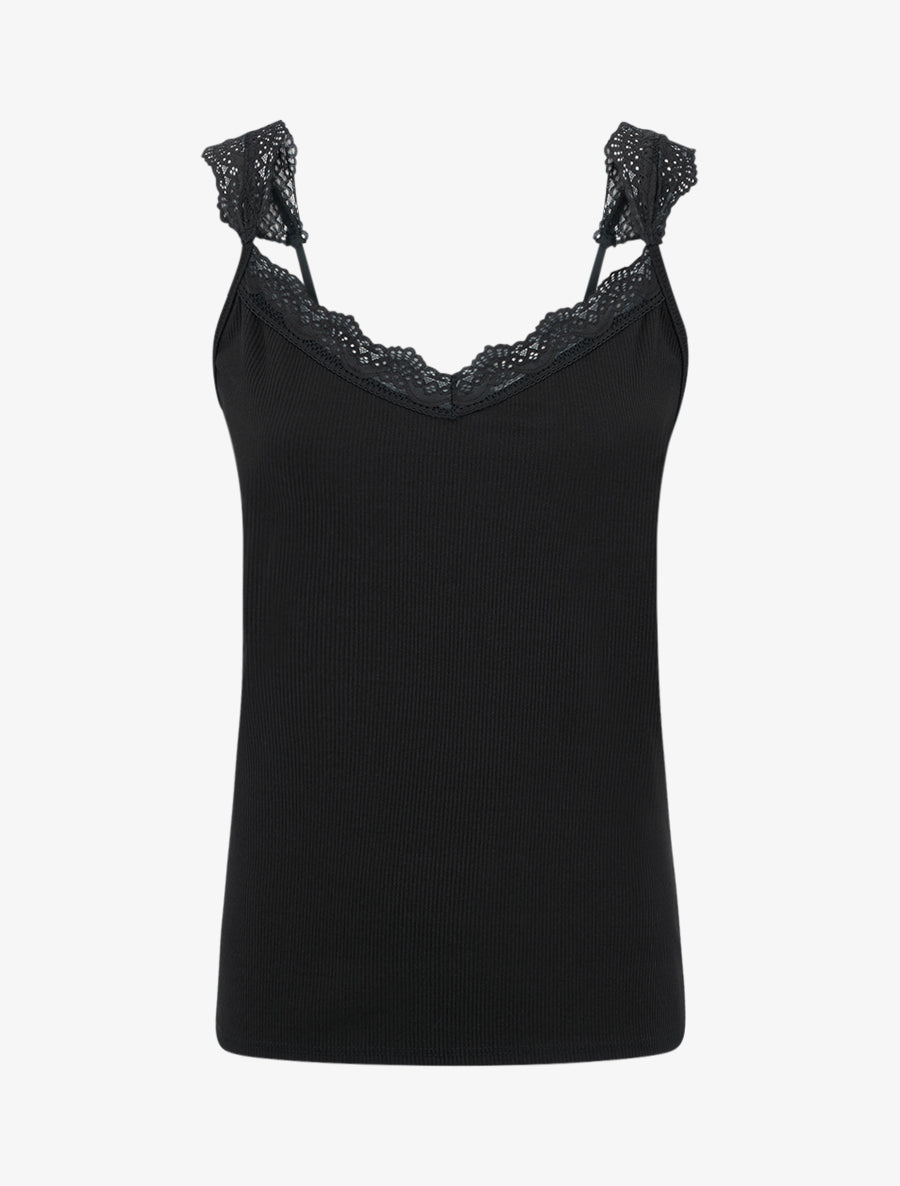 Débardeur côtelé à bretelles en dentelle - Noir - 1
