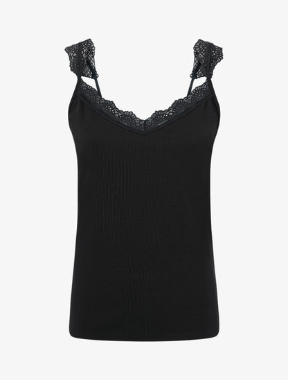 Débardeur côtelé à bretelles en dentelle - Noir - 1